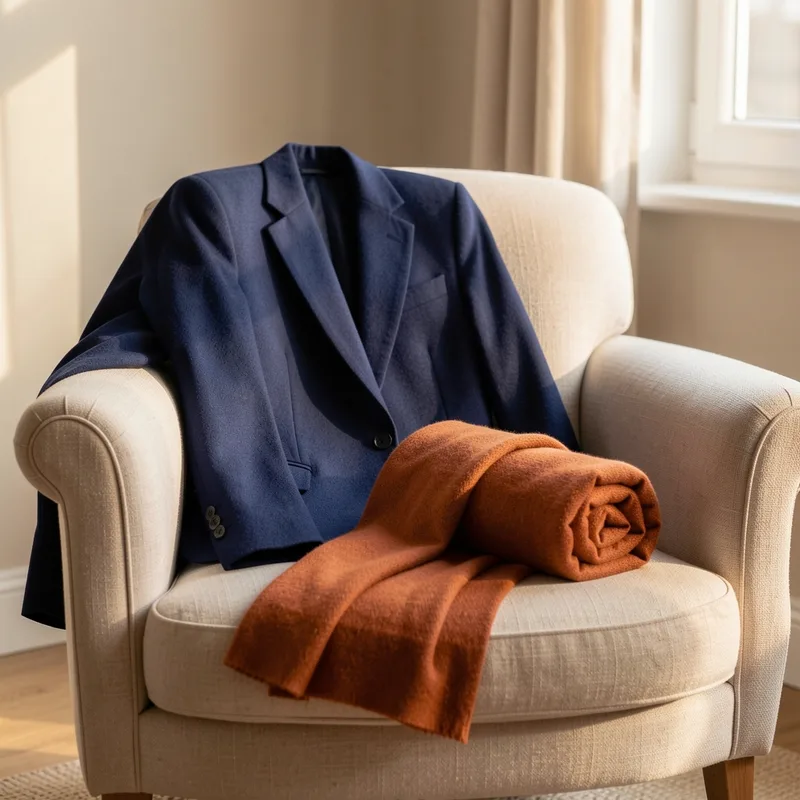 Veste bleu marine posée sur un fauteuil à côté d&rsquo;une écharpe orange brûlé roulée