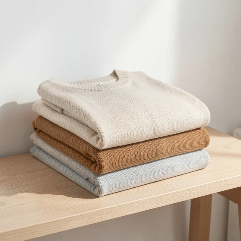Pile de vêtements en tons neutres écru, camel et gris posés sur un banc en bois clair