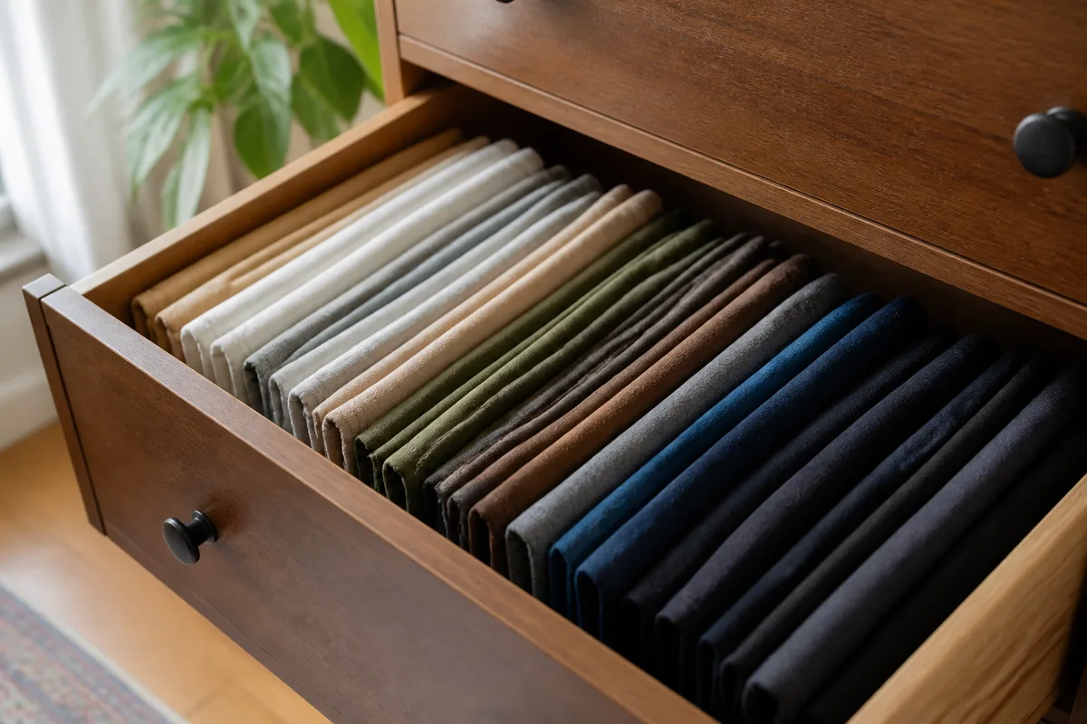 Tiroir ouvert où des t-shirts pliés en rectangles sont rangés debout côte à côte
