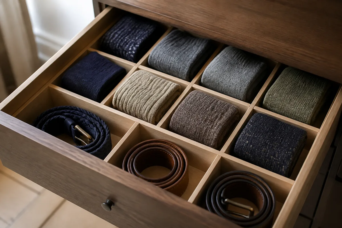 Tiroir compartimenté contenant des chaussettes appariées et des ceintures enroulées