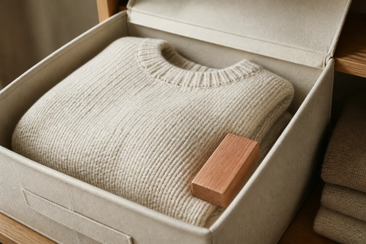 Pull en laine plié dans une boîte en tissu avec un bloc de cèdre posé à côté