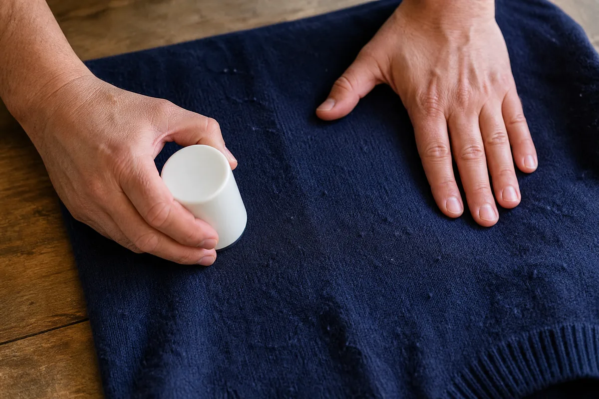 Rasoir anti-bouloche électrique posé sur un pull en laine étendu à plat sur une table en bois