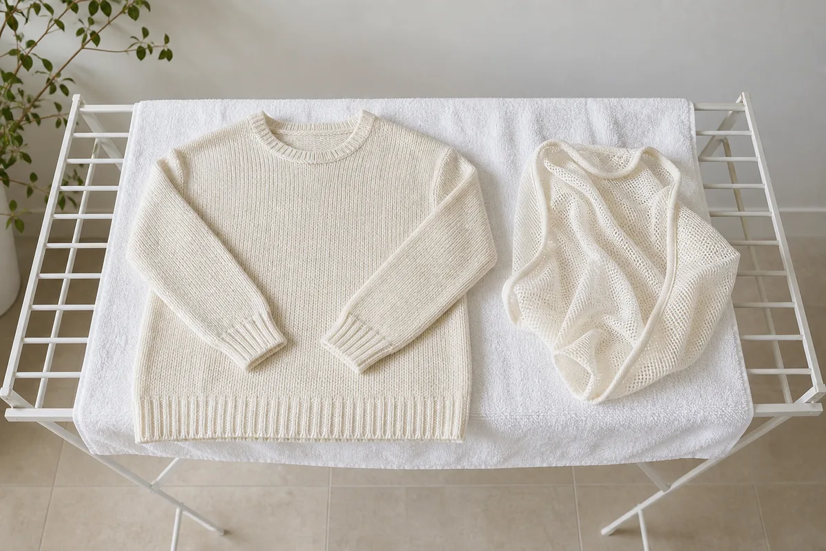 Pull en laine séché à plat sur une serviette blanche à côté d’un filet de lavage