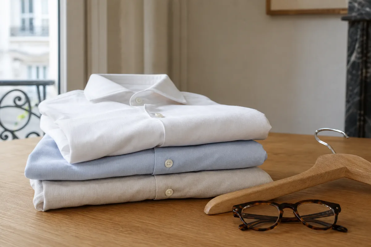 Chemises en coton blanc et bleu pâle repassées et pliées sur une table en bois clair