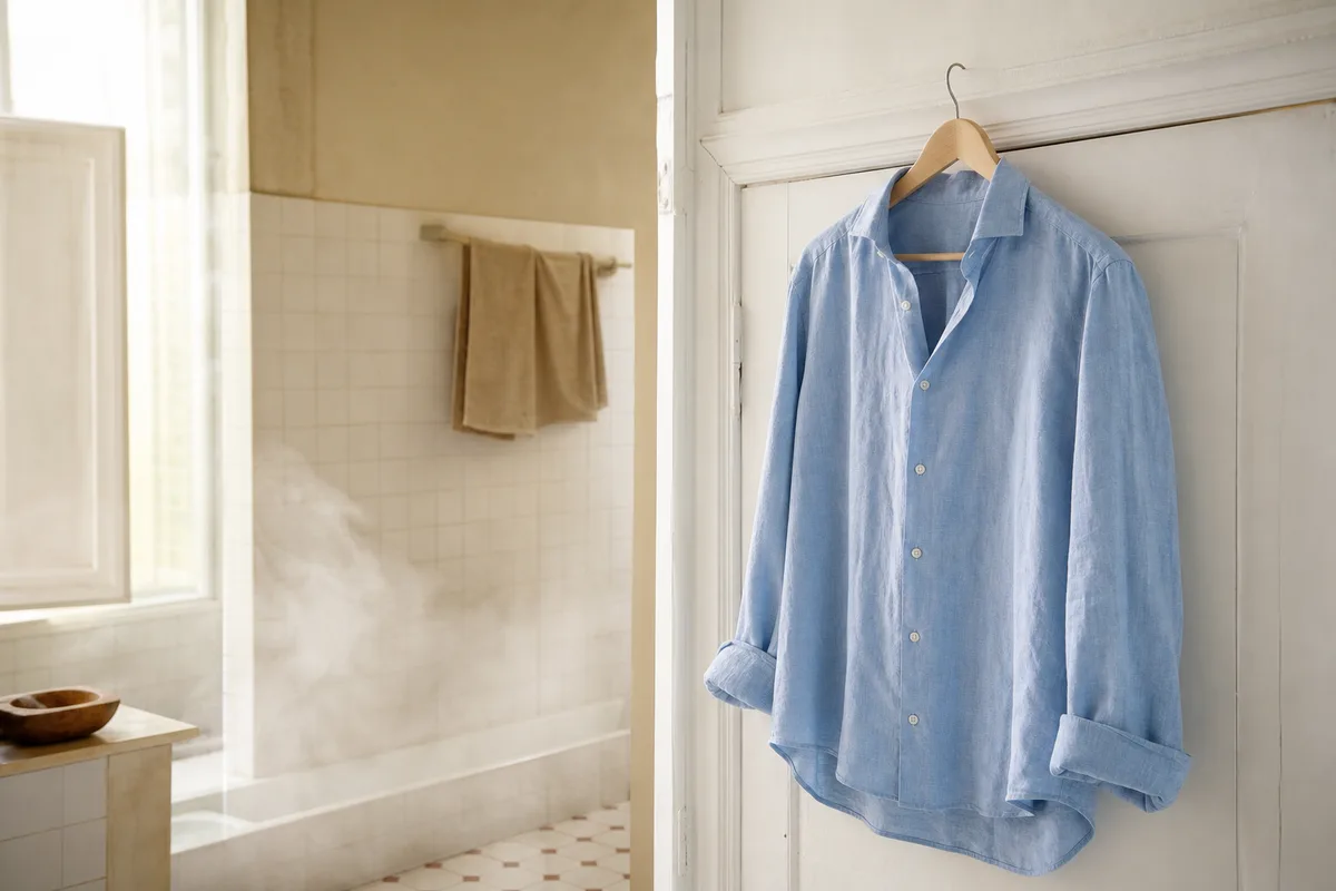 Chemise en lin bleu clair suspendue à un cintre en bois dans une salle de bain carrelée blanche